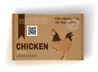 Realistic cardboard box with chicken meat. Package design.