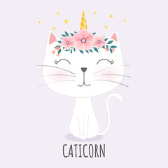 Cute caticorn head with flower crown. 