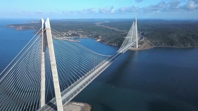 Aerial of Yavuz Sultan Selim Bridge, Istanbul. World&rsquo;s widest suspension bridge, it has a main span of 1408m, makes it one of the longest railroad suspension bridges. Bridge towers are 330m high