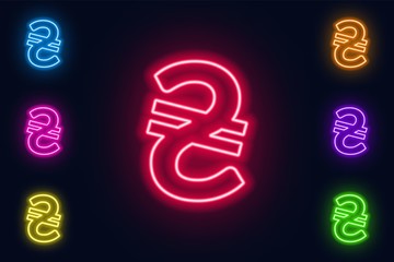 Neon hryvnia sign in various color options on a dark background .
