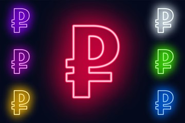 Neon Ruble sign in various color options on a dark background .