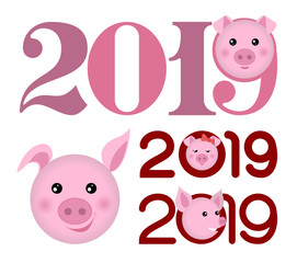 Happy New Year 2019 banner with pork heads