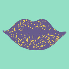 hand drawn doodle violet lips isolated on a blue background