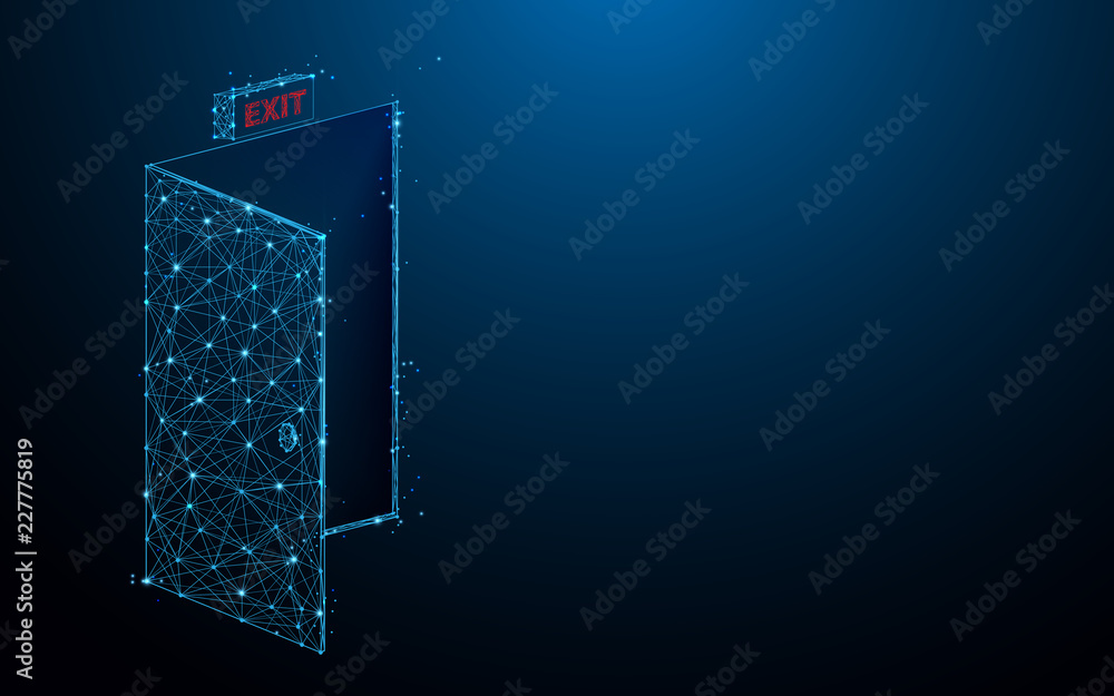 Poster emergency exit sign form lines, triangles and particle style design. illustration vector