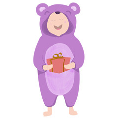 Fototapeta premium illustration of happy smiling kid with present, wearing kigurumi bear costume, holding present within hands isolated on white background