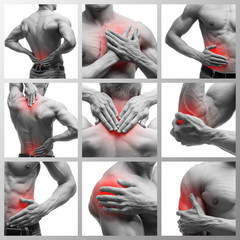 Pain in different man's body parts, chronic diseases of the male body, collage of several photos...