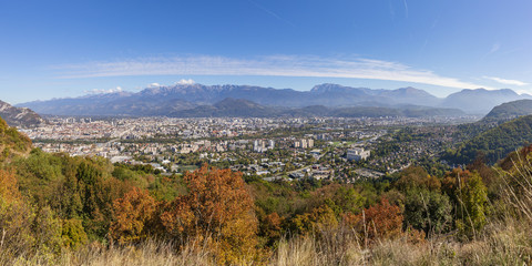 Grenoble Panorama looking to the east at the Belledonne moutains, Isere, France.