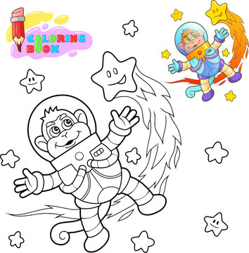 cartoon cute monkey astronaut flies among the stars coloring book