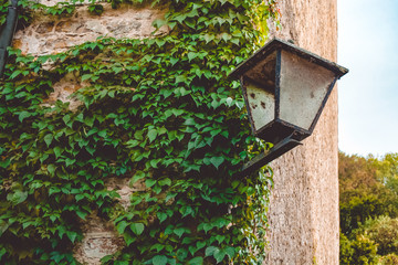 Old street lamp on the stone wall of the castle
