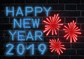 Happy New Year 2019 fluorescent neon text on wall