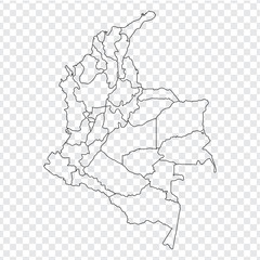 Blank map Colombia. High quality map Colombia with provinces on transparent background for your web site design, logo, app, UI. Stock vector. Vector illustration EPS10.