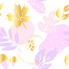 Pastel pattern with golden leaves and lilac graphic elements on white background. Ornament for textile and wrapping. Vector.