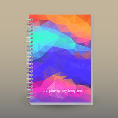 vector cover of diary or notebook with ring spiral binder - format A5 - layout brochure concept - neon holographic rainbow spectrum colored with polygonal triangle pattern
