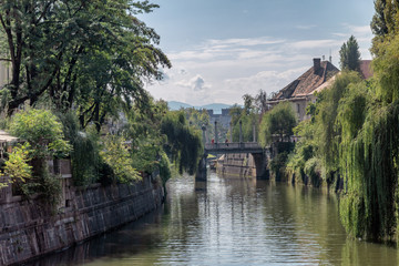 Fototapeta na wymiar Ljubljana city center with canals and waterfront in Slovenia