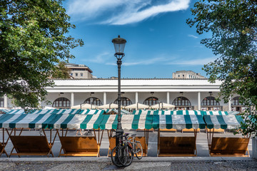 Empty stalla on Ljubljana central market in Slovenia