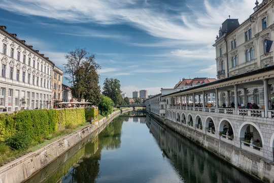 Ljubljana city center with canals and waterfront in Slovenia