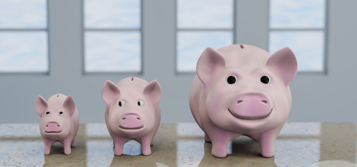 Three Funny Piggy Bank  -  3d illustration, rendering.