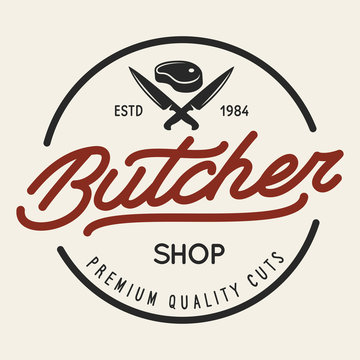 Butcher shop labels badges emblem. Butchery store advertising design elements collection. Meat shop typography.
