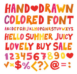 Color funny font childish cartoon. Red orange optimistic Hand-drawn sketch letters.