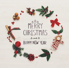 Christmas decoration frame on wooden background