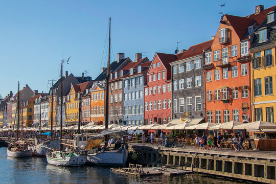 Nyhavn district in Copenhagen, the capital of Denmark. Nyhavn is a 17th-century waterfront, canal and entertainment district.