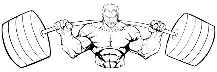 Line art illustration of strong bodybuilder doing squats with barbell on white background.