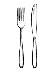 kitchen cutlery. fork and knife sketches isolated