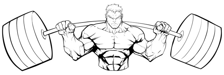 Line art illustration of strong bodybuilder doing squats with barbell on white background.