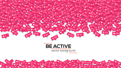 Icons of social media network activity. Notification of likes, comments, follow and followers. Abstract background with falling icons Sign of social network activity signs. Vector 3D illustration.