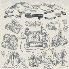 Obraz premium Medieval middle age map elements engraving and woodcut style vector cartography black and white, monochrome illustration