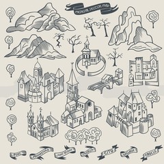 Medieval middle age map elements engraving and woodcut style vector cartography black and white, monochrome illustration