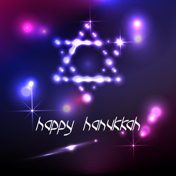 Star of David burning on a dark magic background - banner for Hanukkah Chanukah. Vector composition Greeting card for traditional jewish Israel holiday