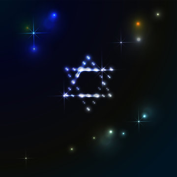 Star of David glows in the Milky Way starry sky - banner for Hanukkah Chanukah. Vector composition Greeting card for traditional jewish Israel christmas holiday