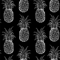 Exotic seamless pattern with silhouettes tropical fruit outline white pineapples. Food hand drawn repeating background.