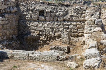 The ruins of the ancient city. Russia, the Republic of Crimea, the city of Sevastopol. 11.06.2018: The ruins of the ancient and medieval city of Chersonese Tauride