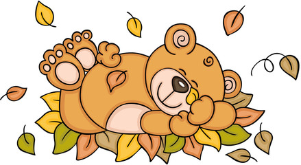 Teddy bear sleeping with autumn leaves