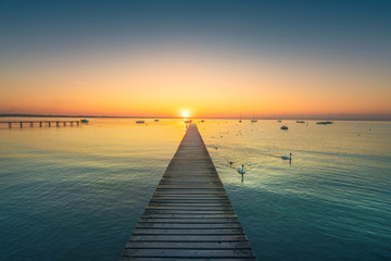 Garda lake, swans and jetty, sunset view from Pacengo Lazise. Italy