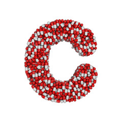 pills letter C - Capital 3d pharmaceutical font - therapy, laboratory or healthcare concept
