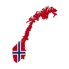 Norway country silhouette with flag on background, isolated on white
