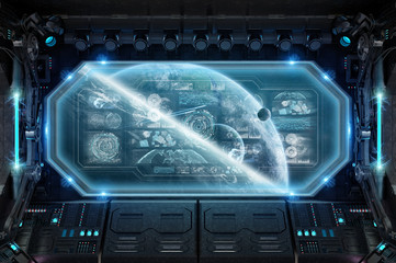 Dark spaceship interior with control panel digital screens 3D rendering