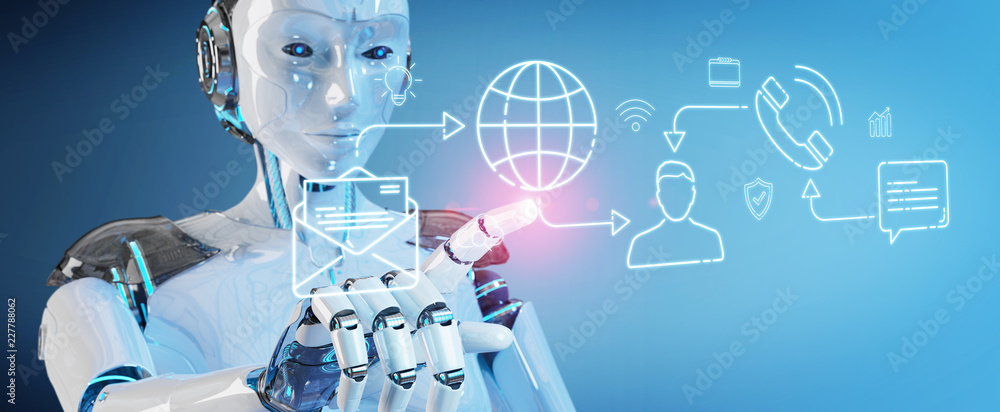 Poster white robot controlling social network icons interface