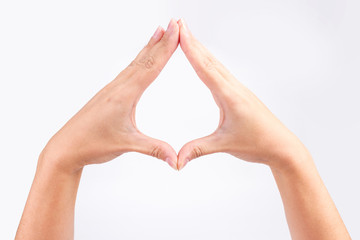 yoga hand making rhombus diamond isolated on white background - 227788001