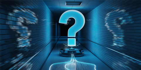Question marks digital hologram in underground 3D rendering