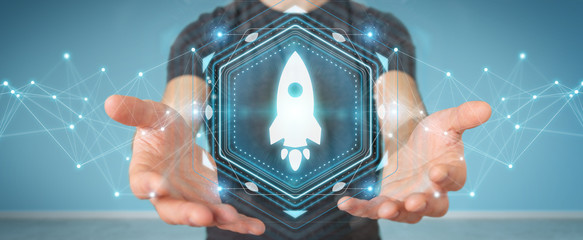 Businessman using startup digital interface 3D rendering