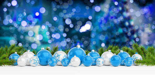 Blue and white christmas baubles lined up 3D rendering