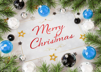 Christmas card greetings with blue baubles 3D rendering