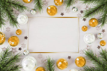 Christmas card mockup with golden baubles 3D rendering