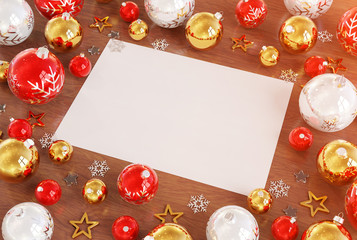 Christmas card mockup with red baubles 3D rendering