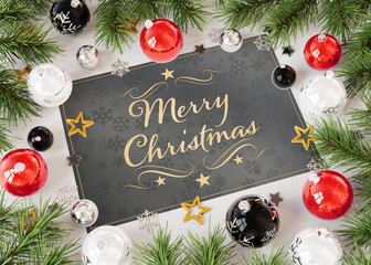 Christmas card greetings with red baubles 3D rendering