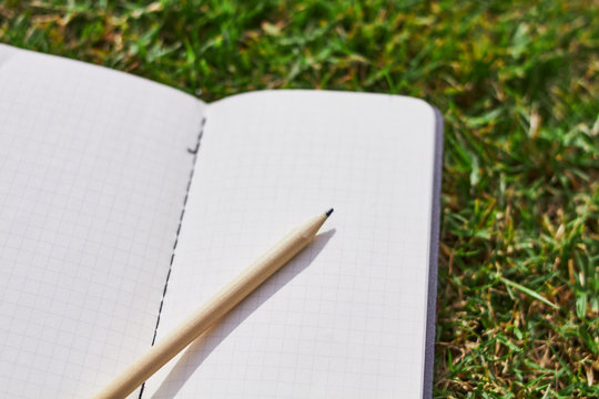 notebook and pencil on the grass